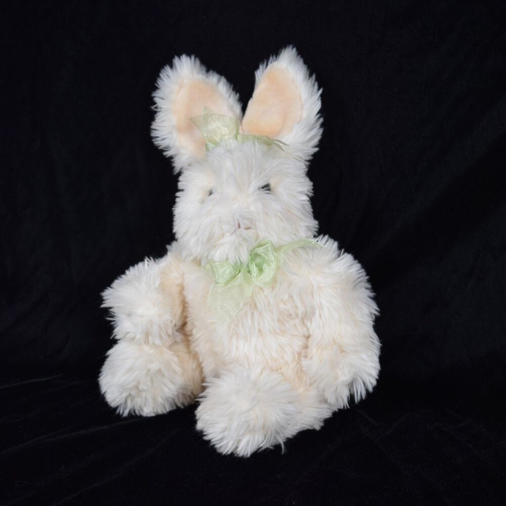 Fluffy White Easter Bunny Plush Rabbit Stuffed Animal Sitting Green Bows 13"